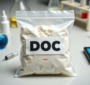 Buy Pure DOC Canada – 99.9% high-purity DOC HCl crystal in sealed ChemLabs Canada vial, GC-MS/NMR certificate visible, NOC-compliant lab-tested research chemical for Canadian forensic buyers.