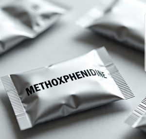 Buy Methoxphenidine Canada – 99.9% high-purity methoxphenidine HCl powder in sealed ChemLabs Canada vial, LC-MS/NMR certificate visible, lab-tested research chemical for Canadian buyers.