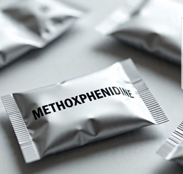 Buy Methoxphenidine Canada – 99.9% high-purity methoxphenidine HCl powder in sealed ChemLabs Canada vial, LC-MS/NMR certificate visible, lab-tested research chemical for Canadian buyers.
